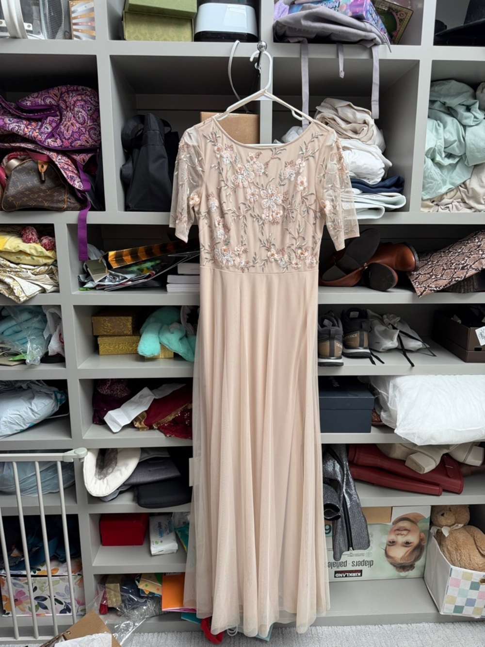 Elegant Embroidered Blush Evening Gown - Women Dresses